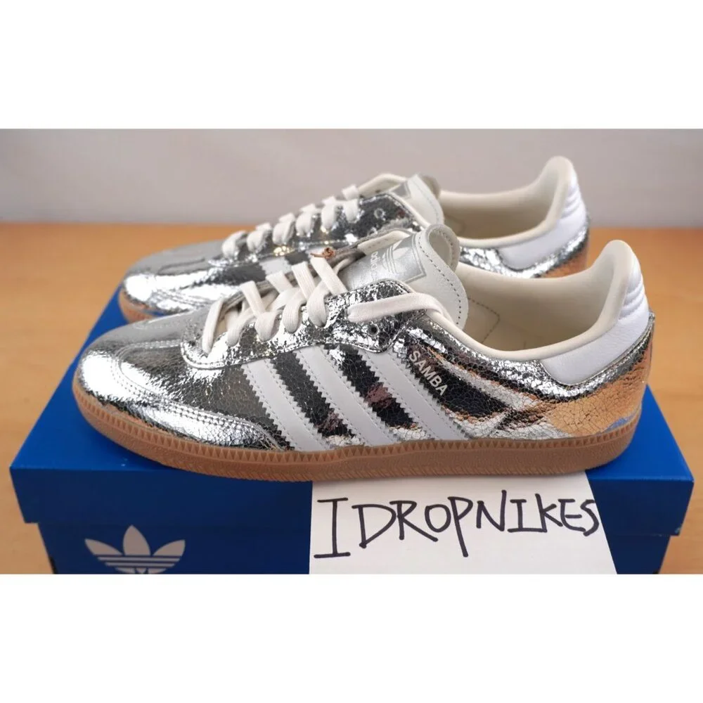 Adidas Samba OG Silver Metallic Cracked Leather Women's Shoes - Picture 3 of 11